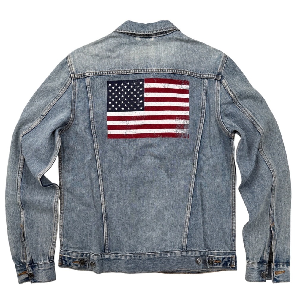 Old Navy Denim Trucker Jacket Unisex‎ S Light Wash American Flag Graphic USA NEW
